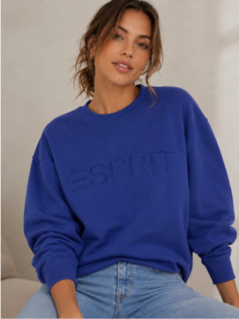 NWT Esprit Women’s Blue Tonal Logo Fleece Sweatshirt Retro 80s
